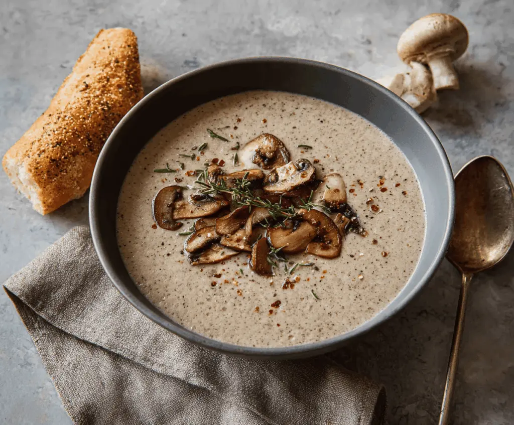 Cream of Mushroom Soup in a bowl with fresh herbs, served with bread on a rustic wooden table.