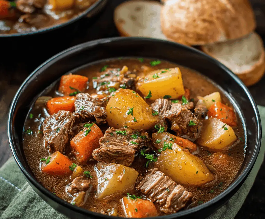 Hearty crockpot beef stew with tender beef chunks, vegetables, and savory broth served in a bowl