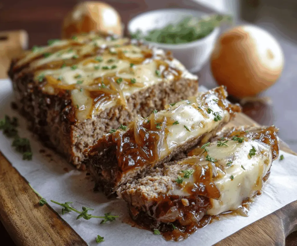 Delicious Crockpot French Onion Meatloaf topped with melted Swiss cheese served on a plate