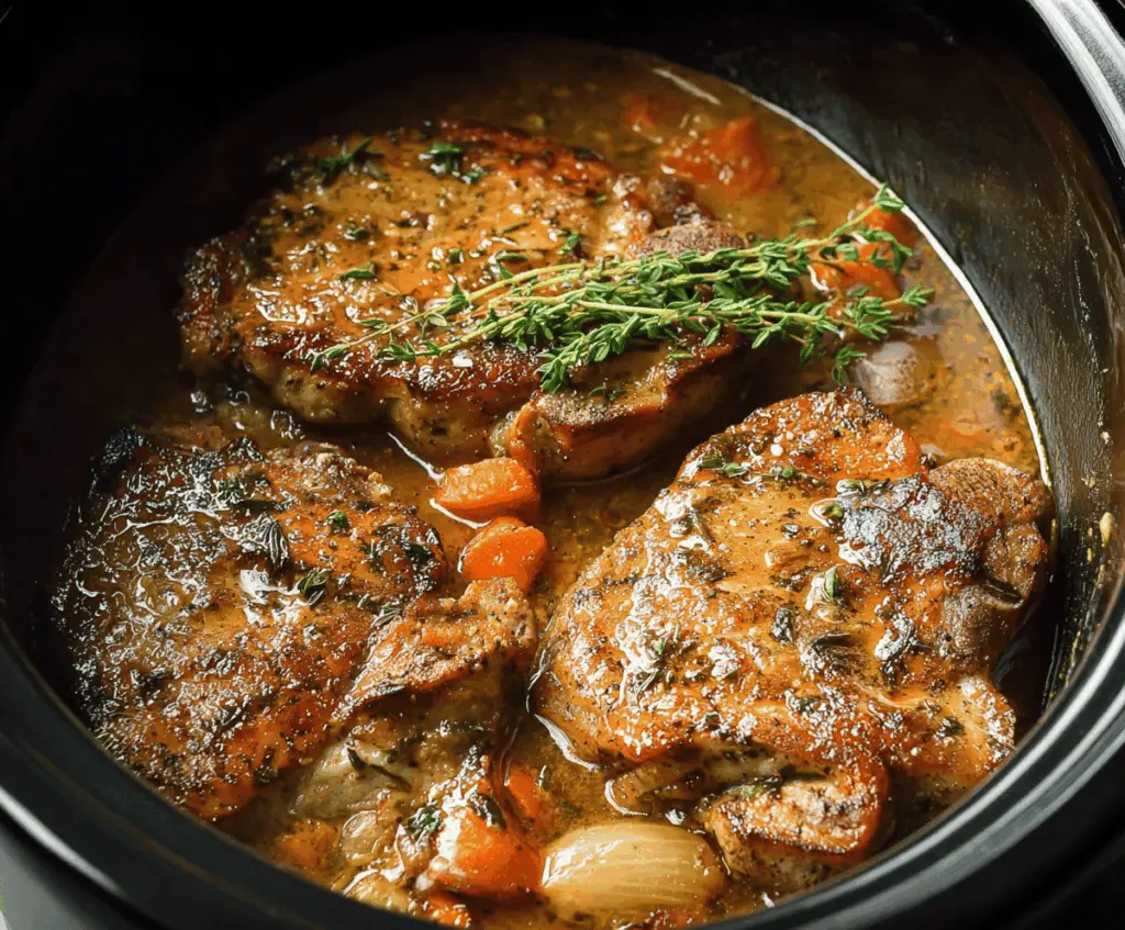 Juicy Crockpot Pork Chops served with vegetables in a slow cooker recipe image