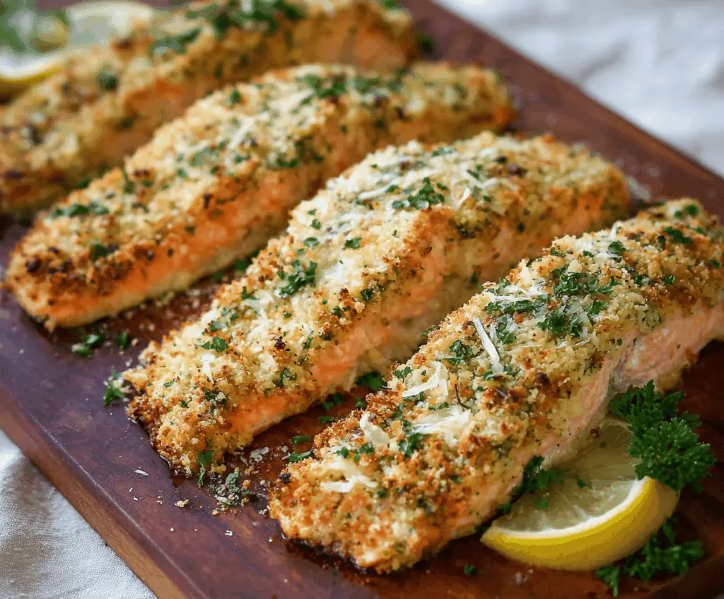 Delicious crusty salmon with a golden parmesan herb topping served on a white plate.