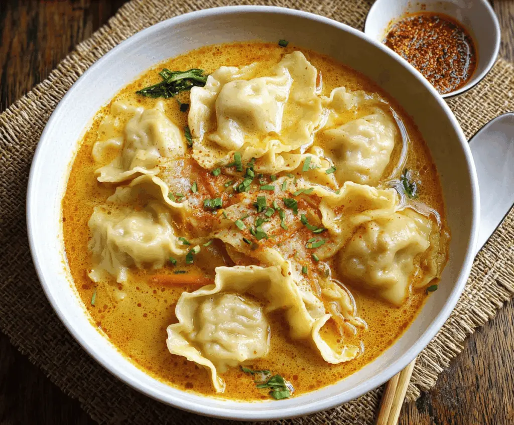 A steaming bowl of Curry Dumpling Soup featuring savory curry broth, tender dumplings, fresh herbs, and colorful vegetables ready to serve.