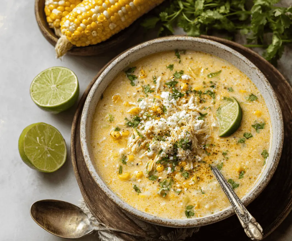 Creamy Elote Corn Soup garnished with fresh cilantro, lime wedges, and crumbled cheese, served in a rustic bowl