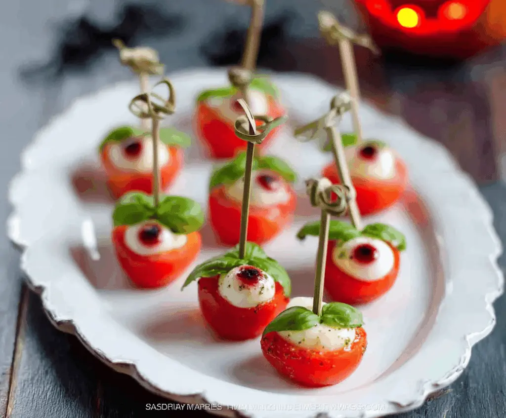 Colorful Eyeball Caprese Skewers with cherry tomatoes, fresh mozzarella balls, black olives, and basil, perfect for Halloween-themed appetizers.