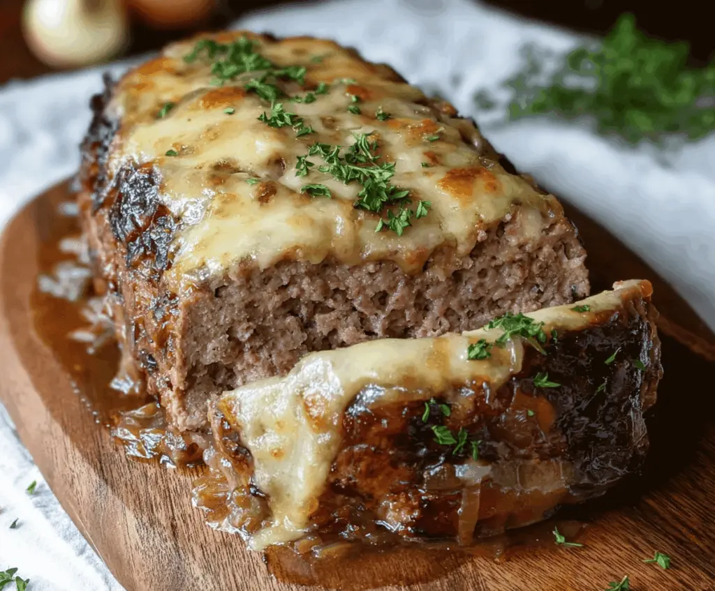 Delicious French Onion Meatloaf garnished with caramelized onions and fresh herbs.