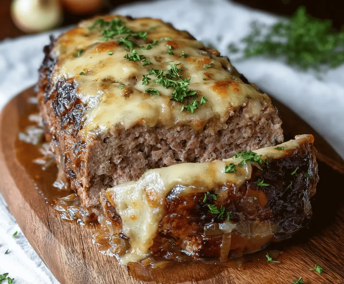 Delicious French Onion Meatloaf garnished with caramelized onions and fresh herbs.