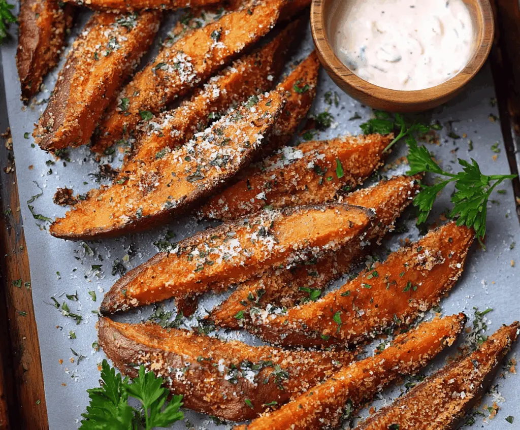 Garlic Parmesan Sweet Potato Wedges on a serving platter, garnished with fresh herbs, crispy and golden brown, perfect for a healthy snack or side dish