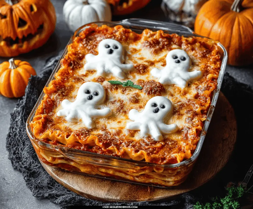 A spooky ghost-shaped lasagna with layers of pasta, cheese, and sauce, decorated with olives and herbs for a Halloween-themed meal.