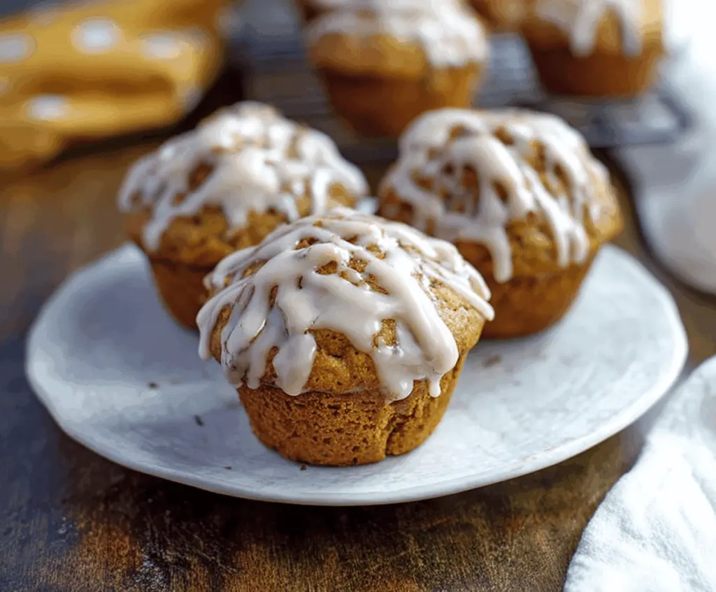 Delicious glazed pumpkin muffins topped with a shiny glaze and cinnamon, perfect for fall baking.