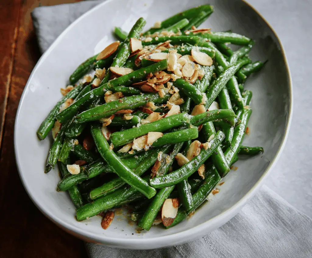Fresh green beans topped with toasted almonds, served as Green Bean Almondine, a delicious and healthy side dish.