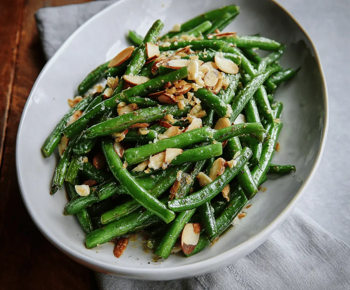 Fresh green beans topped with toasted almonds, served as Green Bean Almondine, a delicious and healthy side dish.