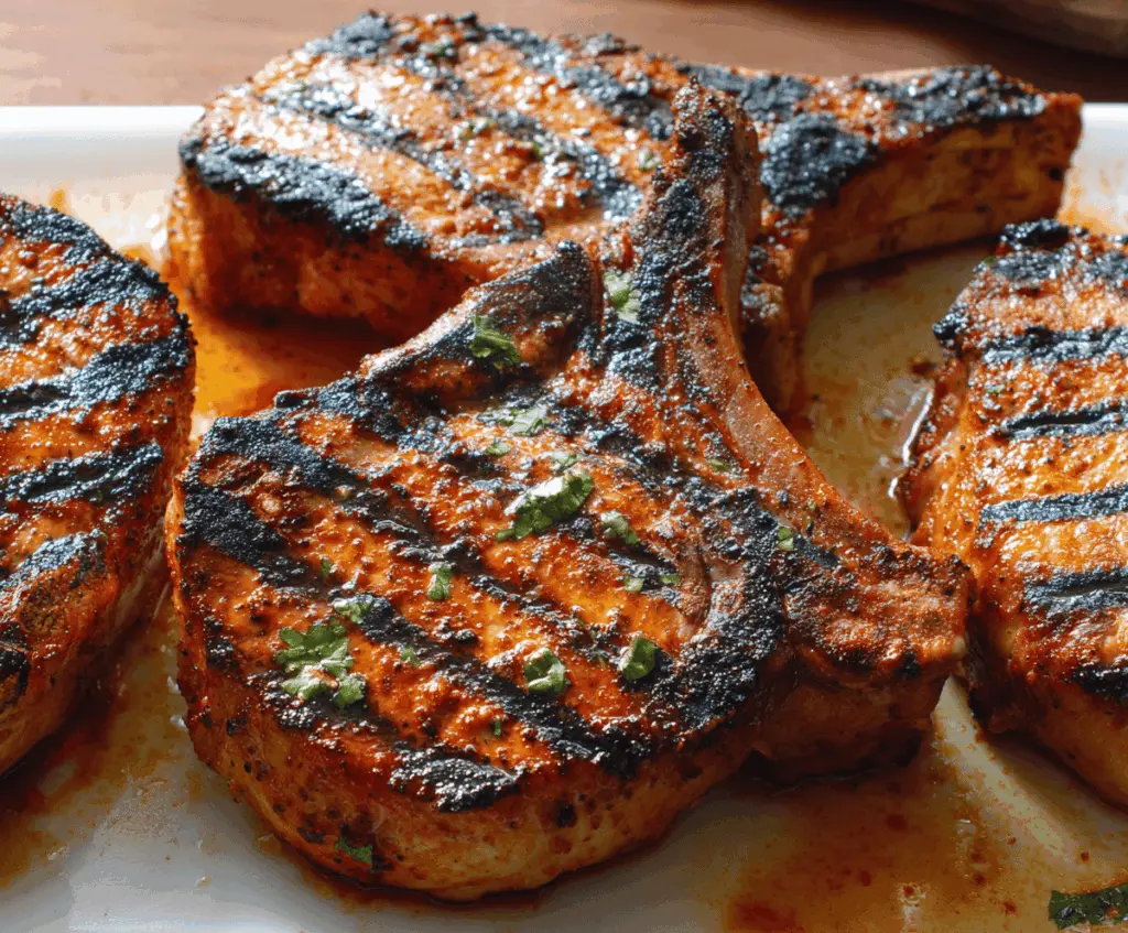 Juicy grilled pork chops served with fresh herbs and vegetables on a barbecue grill