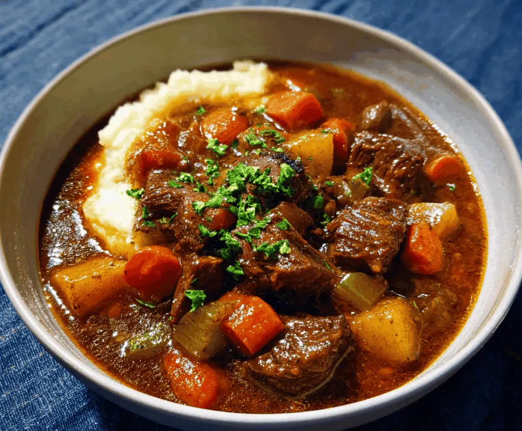 Hearty Guinness Beef Stew in a rustic bowl with tender beef, vegetables, and rich gravy, perfect for cozy dinners.