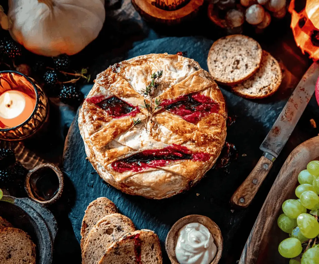 Delicious Halloween Baked Brie topped with spooky decorations, perfect for a festive appetizer or party snack.