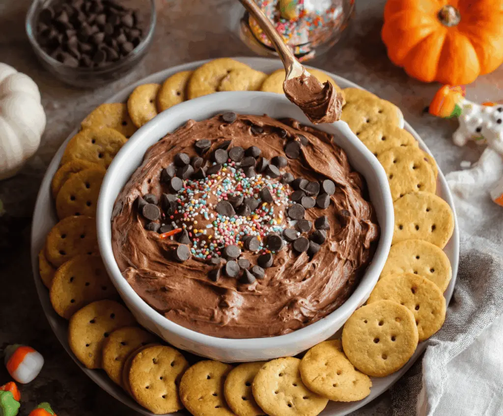 Rich and creamy Halloween Brownie Batter Dip served with colorful Halloween-themed toppings and snacks, perfect for spooky parties