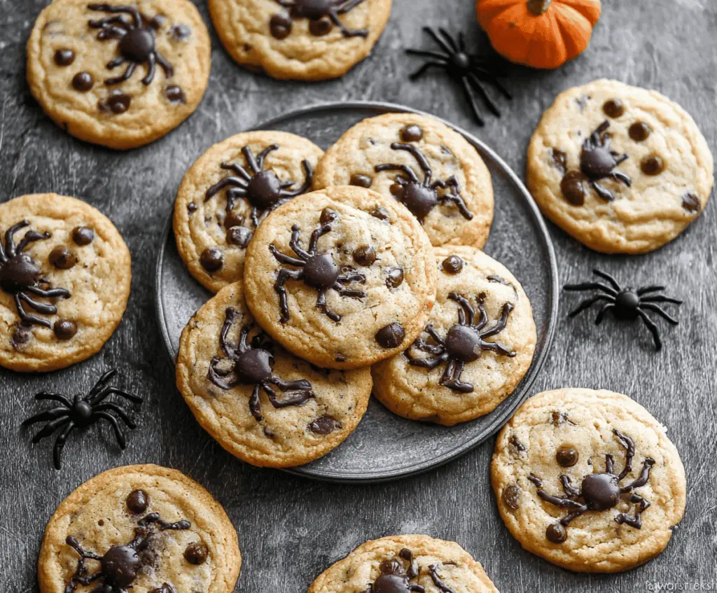 Delicious homemade Halloween chocolate chip cookies decorated with spooky Halloween themes and festive sprinkles on a baking tray.