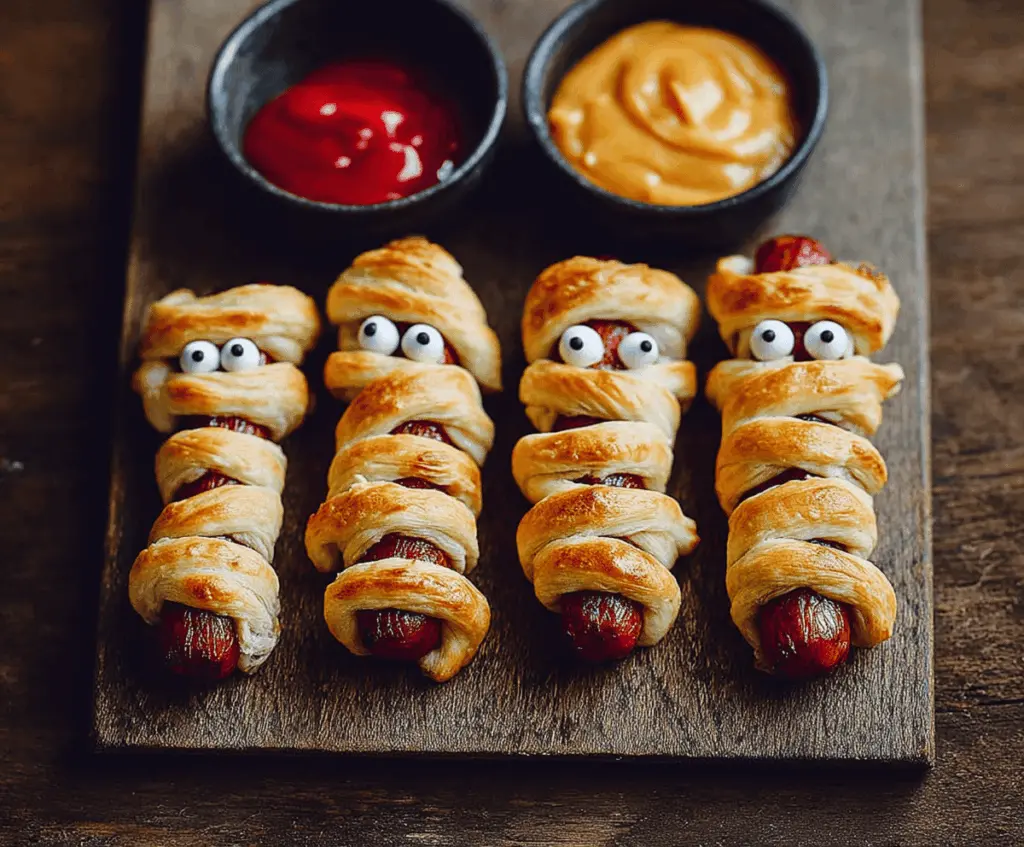Halloween mummy sausages wrapped in puff pastry with ketchup eyes, perfect for spooky party snacks.