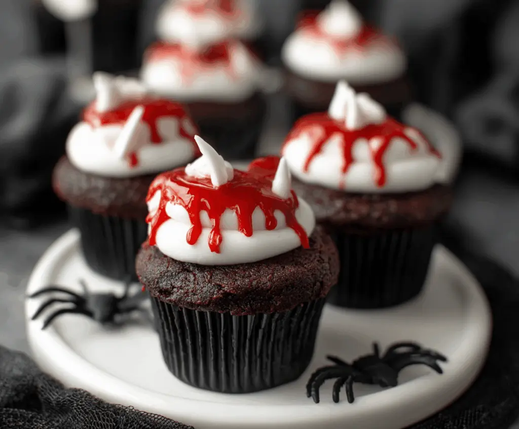 Delicious Halloween Vampire Bite Cupcakes decorated with red frosting and edible fangs for spooky festive treats