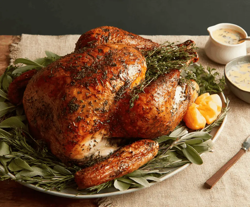 Juicy herb butter roasted turkey garnished with fresh herbs on a serving platter