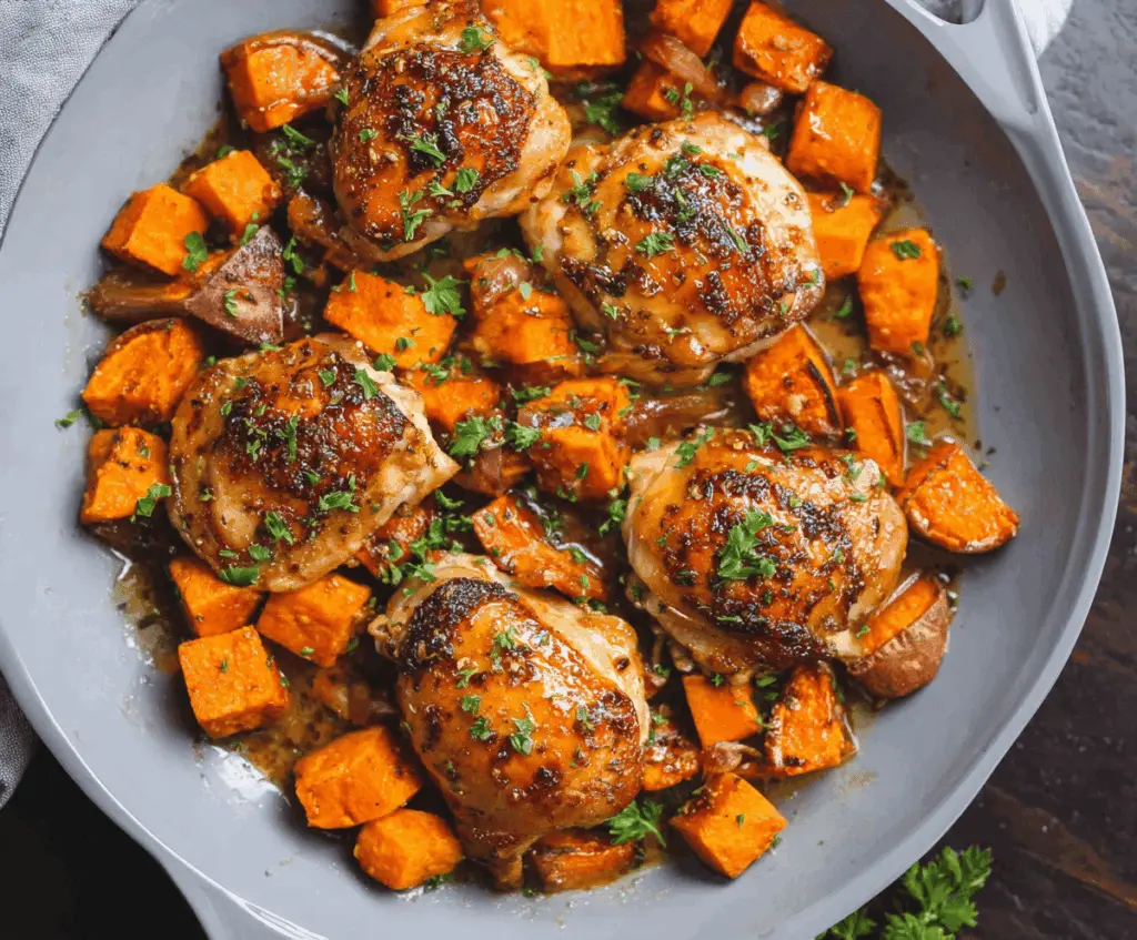 Juicy honey garlic chicken served with roasted sweet potatoes on a plate.