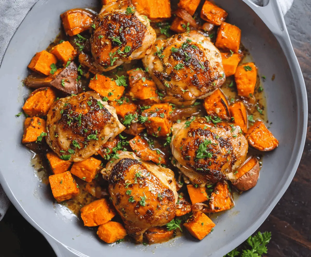 Juicy honey garlic chicken served with roasted sweet potatoes on a plate.