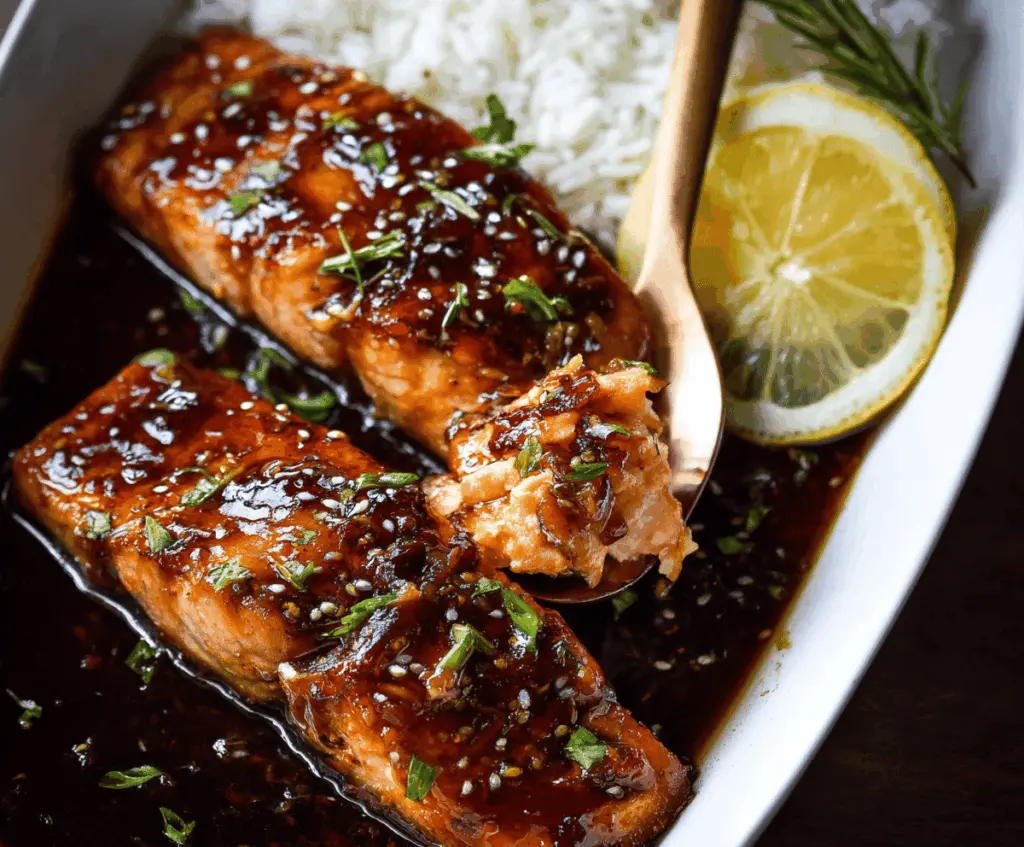 Delicious honey soy sauce glazed salmon fillet served with fresh vegetables on a white plate, showcasing a glossy, flavorful finish.
