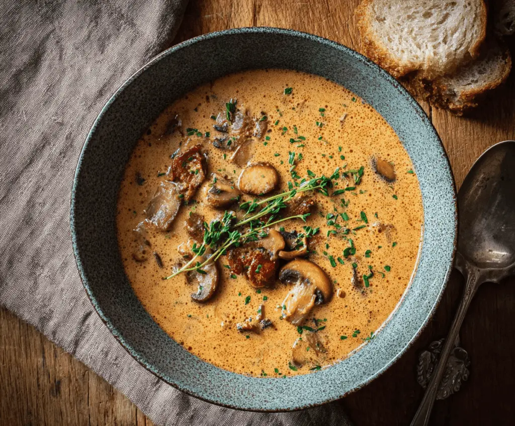 Creamy Hungarian Mushroom Soup in a bowl with fresh herbs, served with crusty bread, perfect for a comforting meal