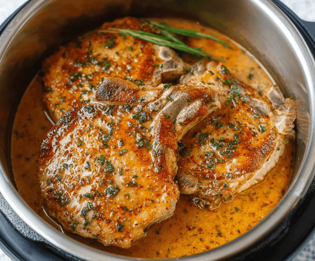 Juicy Instant Pot pork chops cooked to perfection, served with herbs and vegetables