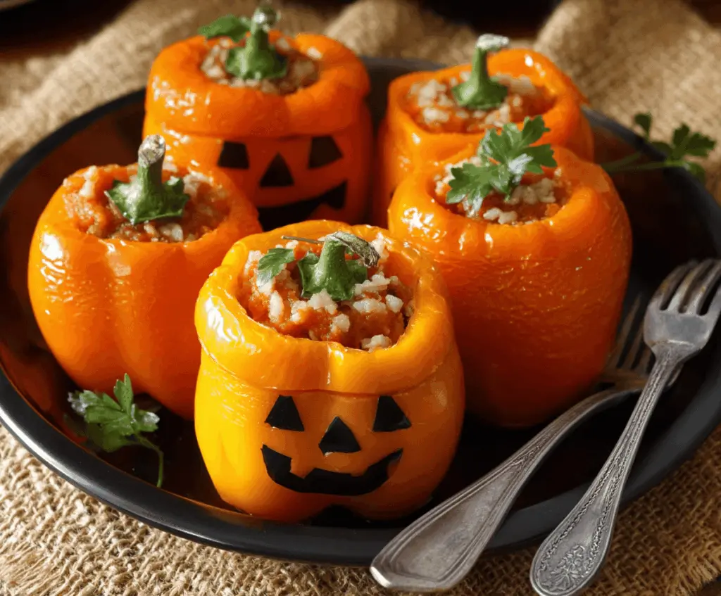 Colorful Jack-O'-Lantern stuffed peppers filled with savory rice and vegetables, perfect for Halloween-themed dinner.