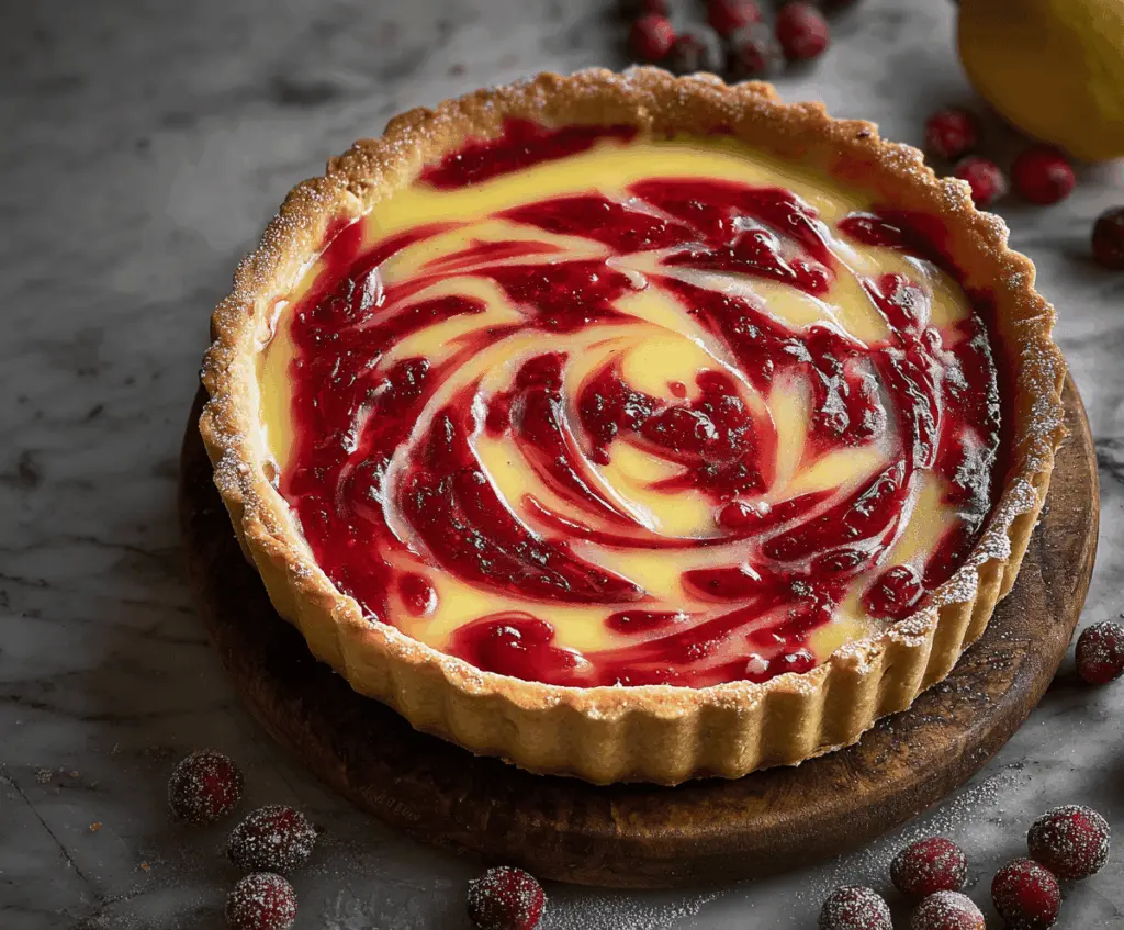 A beautifully sliced lemon cranberry tart garnished with fresh mint, showcasing a vibrant yellow lemon filling topped with tart cranberries on a golden crust.