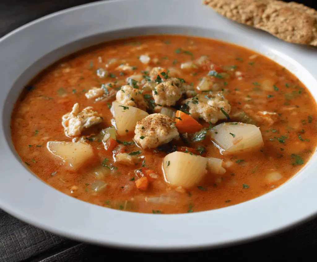 A bowl of steaming Manhattan clam chowder garnished with fresh herbs, featuring a vibrant red tomato-based broth filled with clams, potatoes, and vegetables.