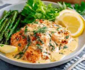 Creamy herb salmon topped with fresh herbs and served with rich garlic butter sauce on a elegant plate