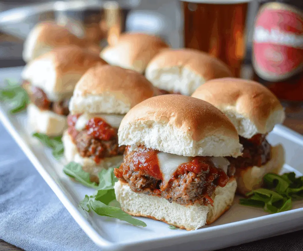 Juicy Meatloaf Sliders with melted cheese and fresh toppings on a serving platter