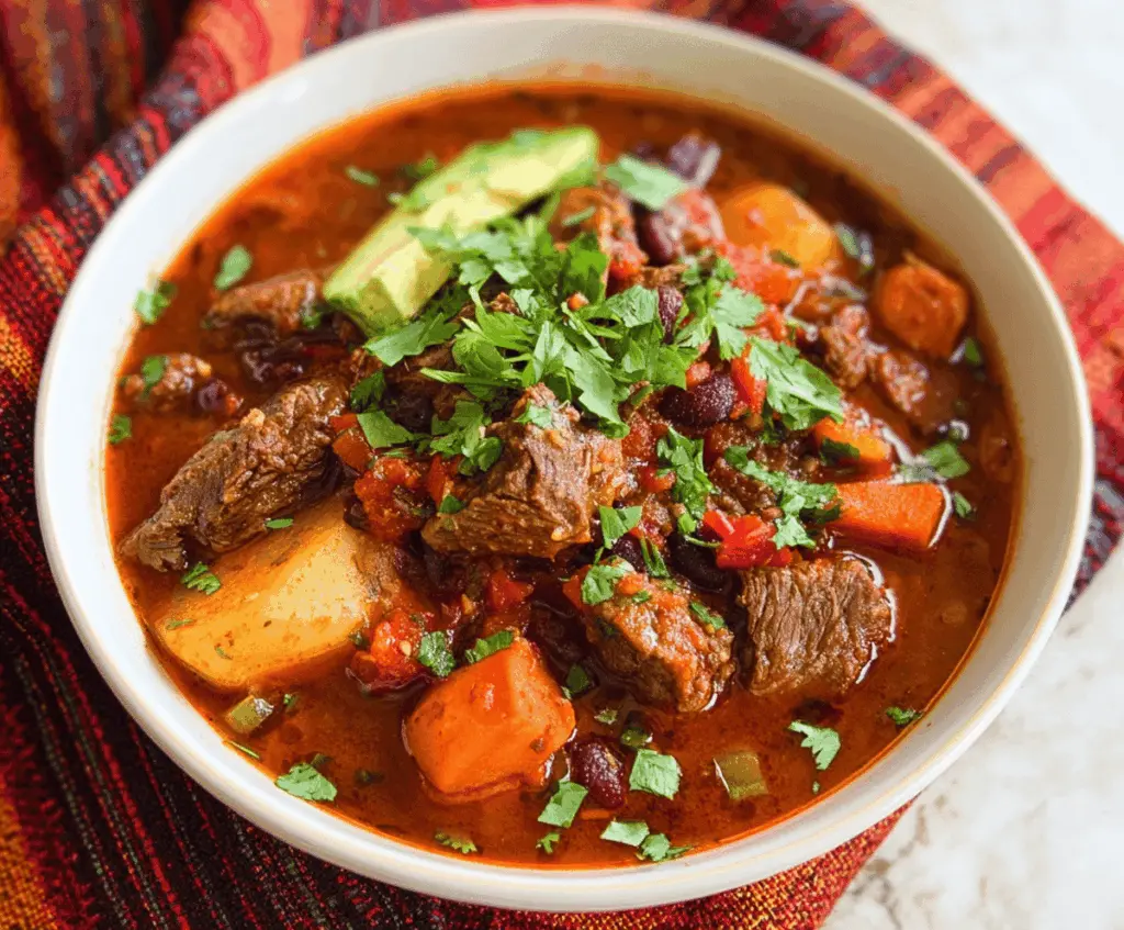 Hearty Mexican beef stew with tender beef chunks, vegetables, and spices served in a rustic bowl, perfect for a comforting meal.