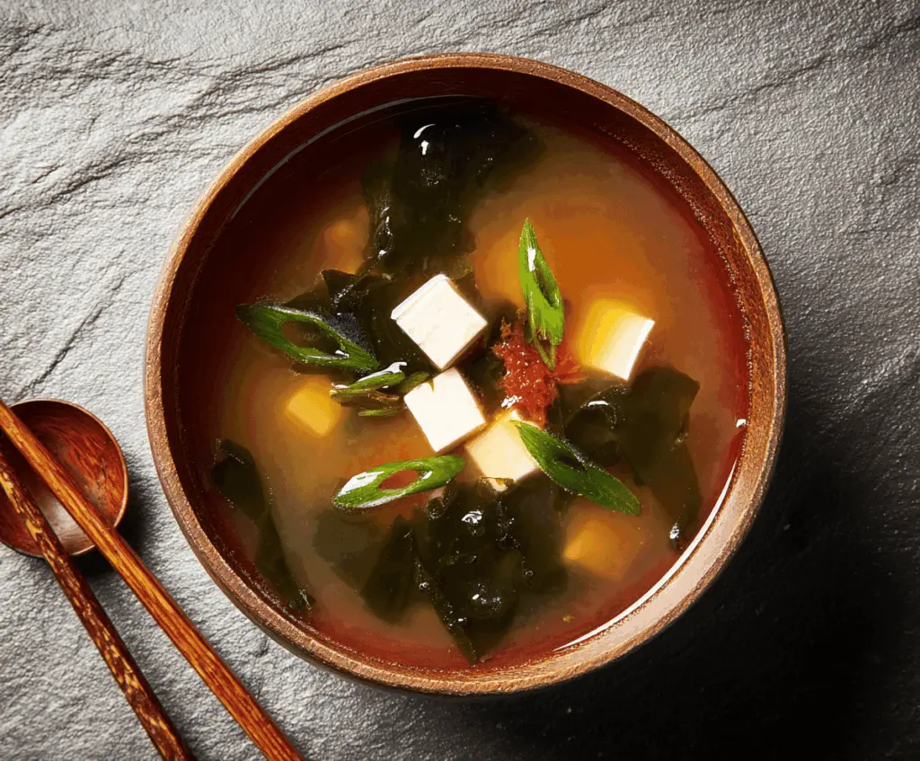 A steaming bowl of traditional miso soup garnished with chopped green onions and seaweed, served in a white ceramic bowl on a wooden table.