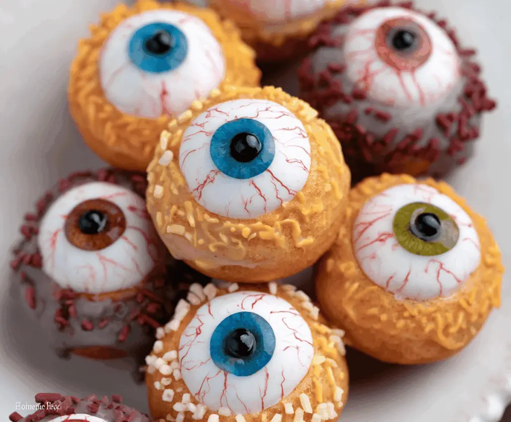 Colorful Monster Donut Eyeballs with vibrant icing, spooky edible eyeballs, and fun Halloween-themed decorations on a plate.