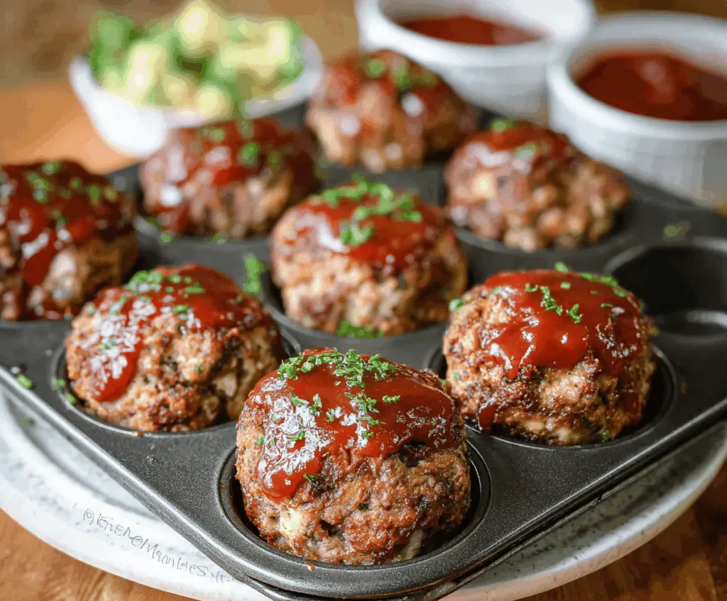 Delicious muffin tin meatloaf baked in a cupcake pan, served with fresh herbs and a side of vegetables