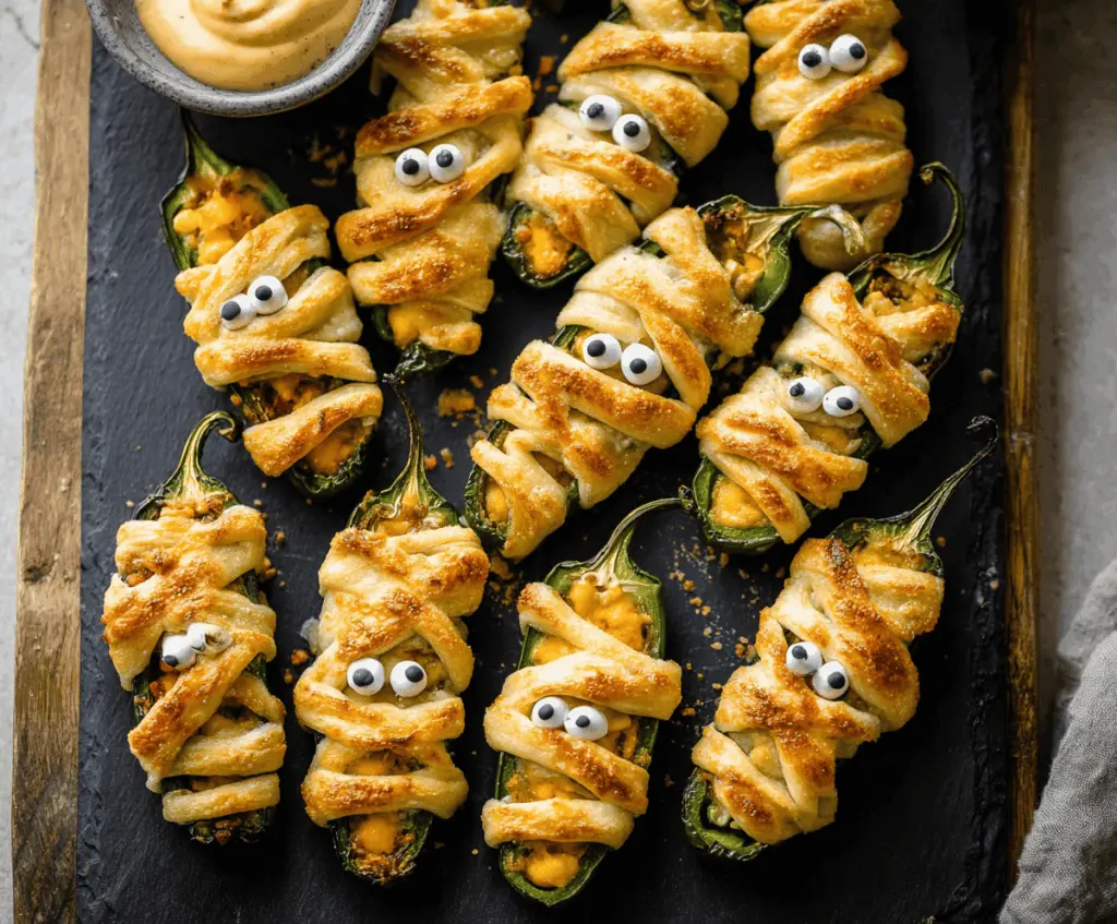 Spooky Mummy Jalapeño Poppers topped with melted cheese and wrapped in crescent dough, perfect for Halloween parties