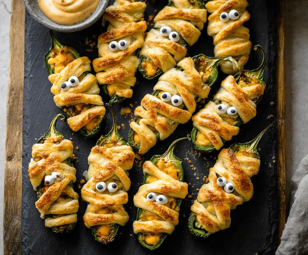 Spooky Mummy Jalapeño Poppers topped with melted cheese and wrapped in crescent dough, perfect for Halloween parties