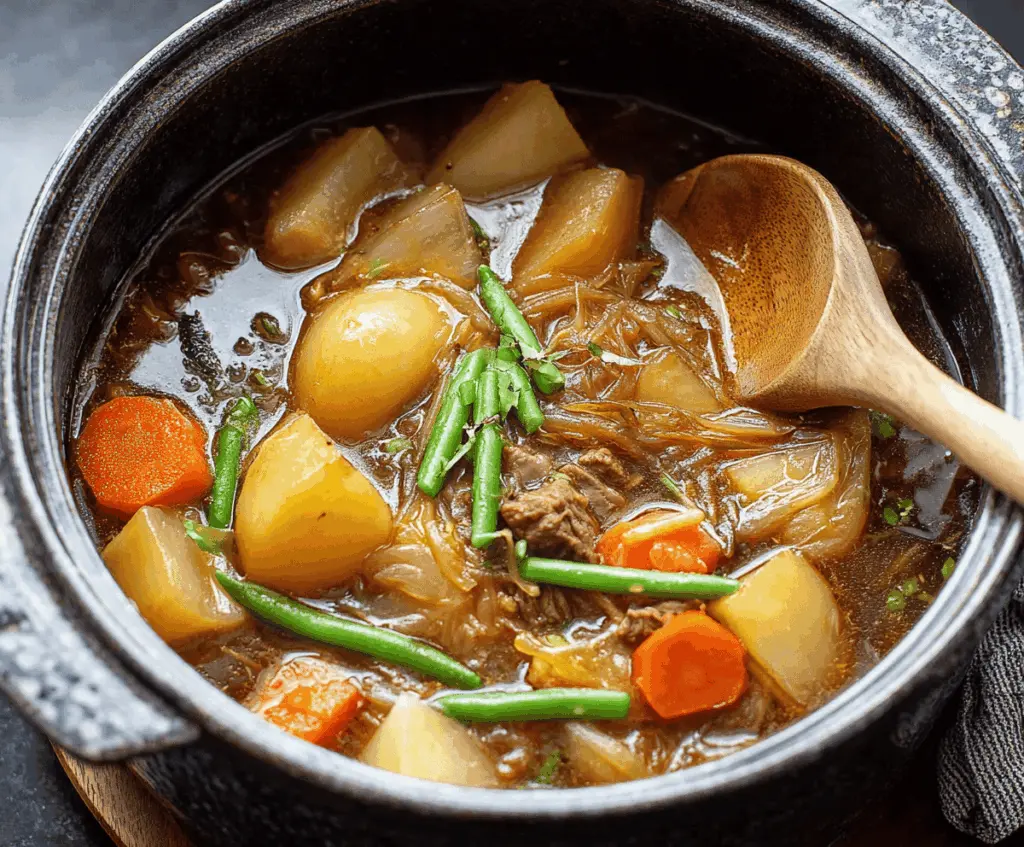 Delicious One Pot Japanese Nikujaga featuring tender beef, potatoes, carrots, and onions simmered in savory soy-based broth in a single pot