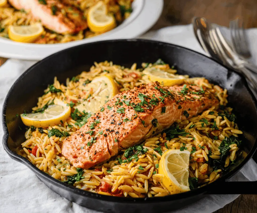 Delicious one skillet salmon with lemon orzo pasta served on a white plate, garnished with fresh herbs and lemon wedges