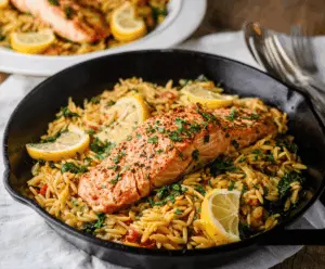 Delicious one skillet salmon with lemon orzo pasta served on a white plate, garnished with fresh herbs and lemon wedges