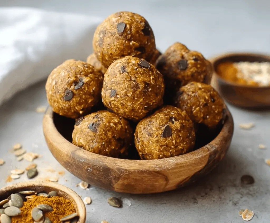 Delicious paleo pumpkin protein balls with coconut and chia seeds on a white plate, healthy snack option, high-protein pumpkin energy bites