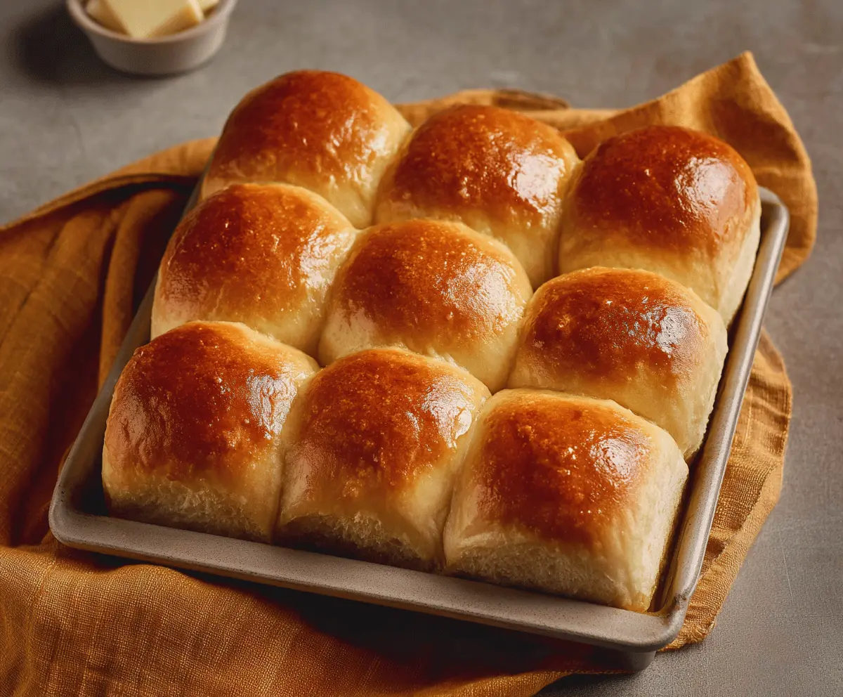 Golden Parker House dinner rolls on a white plate, soft and fluffy with a shiny crust.