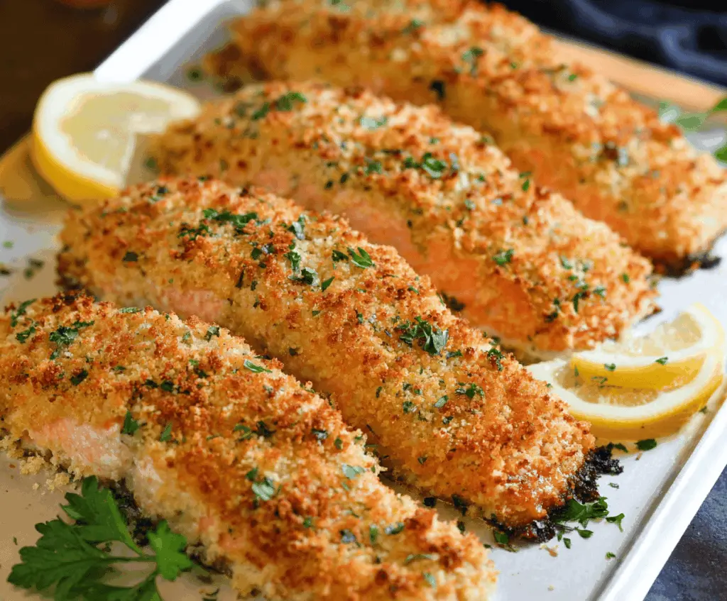Golden baked Parmesan Crusted Salmon fillet topped with crispy cheese crust, served with fresh lemon wedges and green herbs for a flavorful, healthy seafood dish.