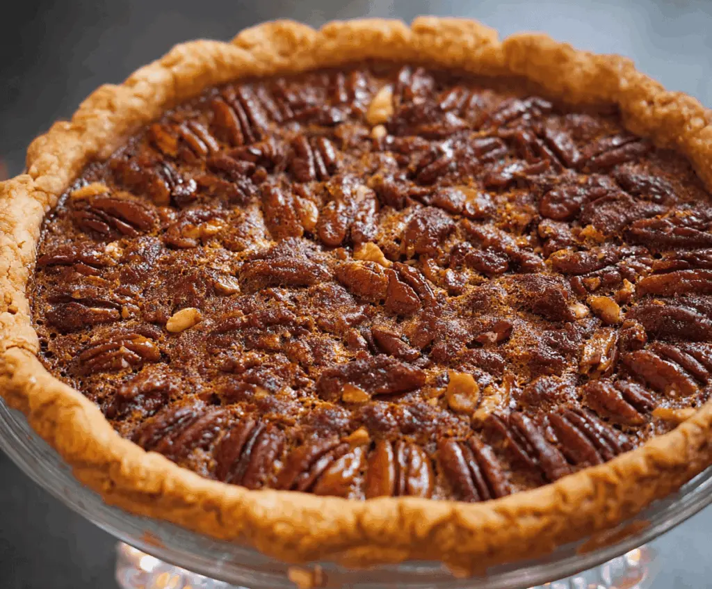 Delicious homemade pecan pie topped with toasted pecans and a golden, flaky crust, perfect for dessert or special occasions.