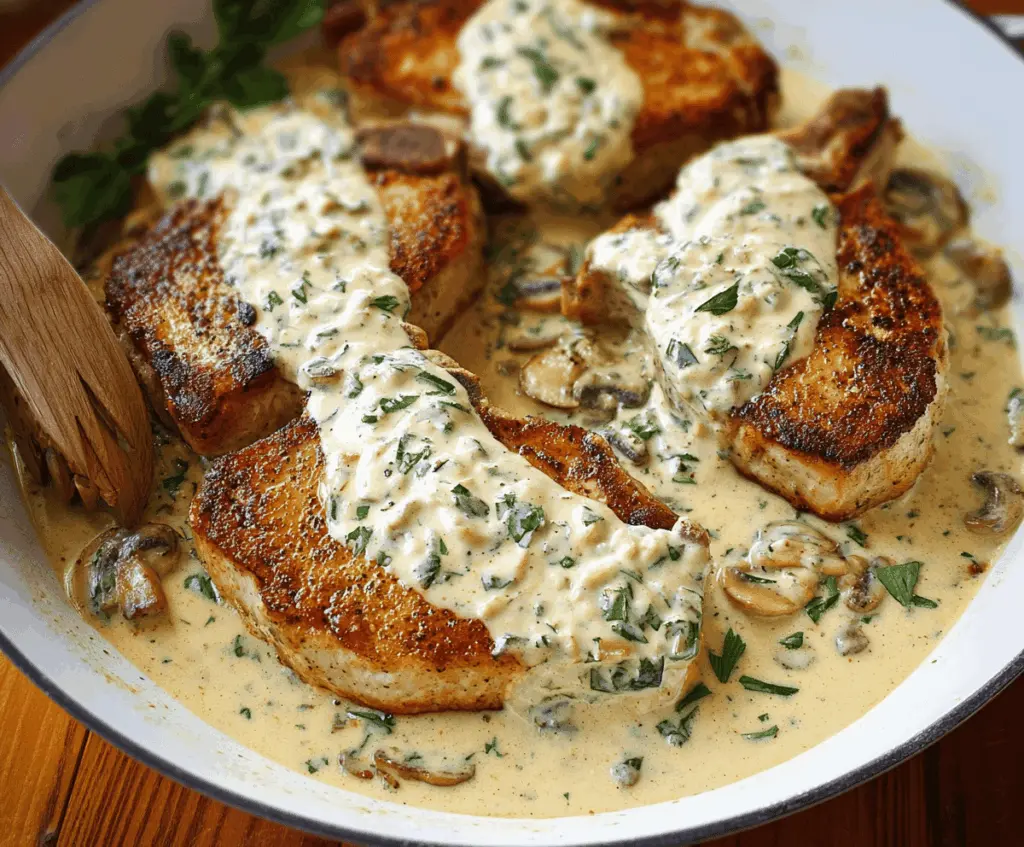 Juicy pork chops topped with rich, creamy garlic sauce served on a plate with fresh herbs