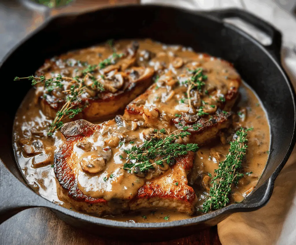 Juicy pork chops topped with rich pan gravy served with fresh vegetables on a white plate