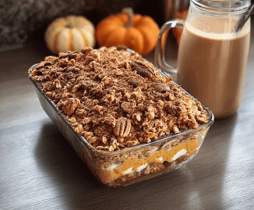 Delicious Pumpkin Autumn Crunch Delight dessert topped with whipped cream and cinnamon for fall celebrations
