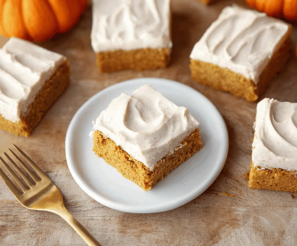 Delicious homemade pumpkin bars topped with creamy brown sugar frosting, served on a white plate for a perfect fall dessert